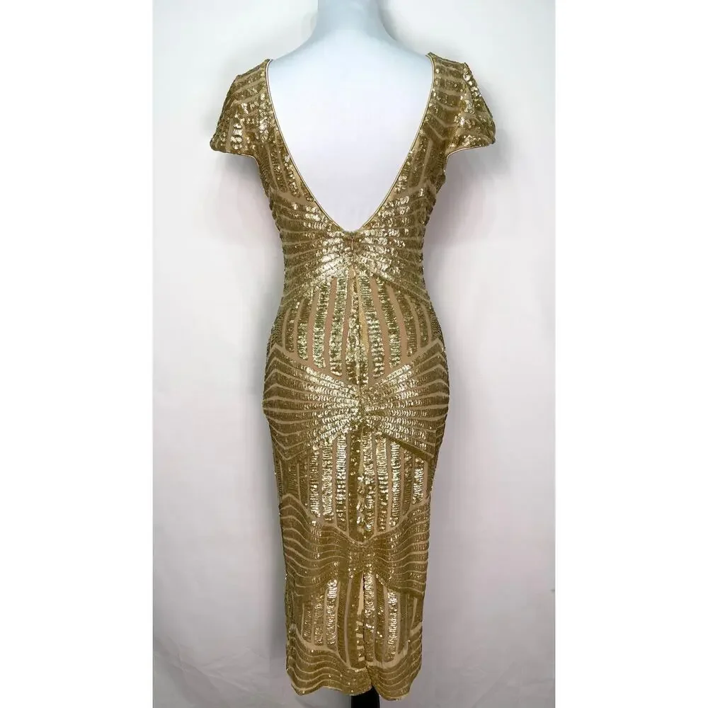 Dress the population Gold Sequin Midi Dress Size S - Picture 4 of 11
